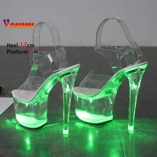 17CM Stripper Heels Women Glitter Shoes Clear Heel Light-emitting PVC Platform Sandals LED Light Buckle Strap Super High Heels - AliExpress 322 - Image 3