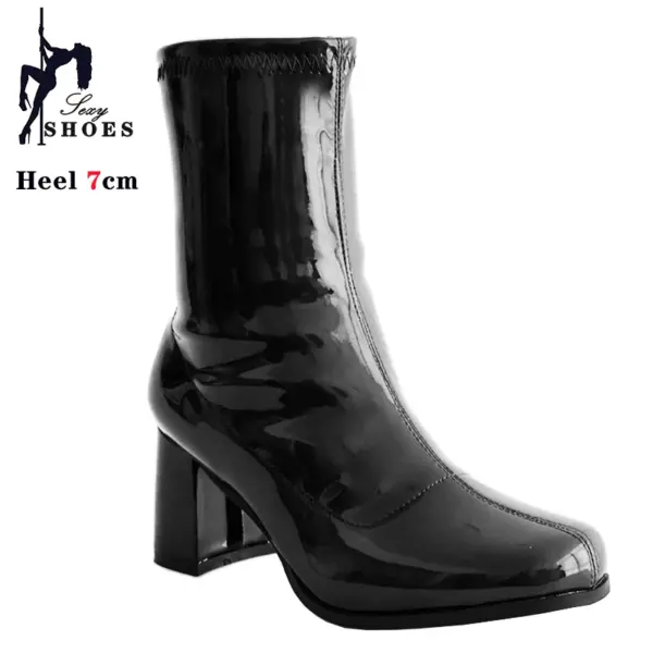 New 7cm High-heeled Cross Dressing Shoes Gogo Boots 60s 70s Square Heel Ankle Boots Sexy Round Toe Leather Zip Women Short Boots - AliExpress 322 - Image 3