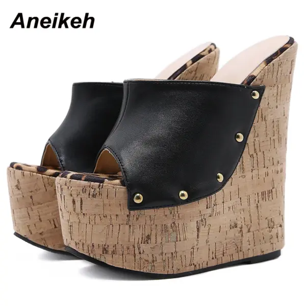 Aneikeh 2025 Summer Fashion Open Toe Sandals Platform Super High Heels Slip-on Metal Rivet Sandals Rome Party Women Mules black - AliExpress 322 - Image 2