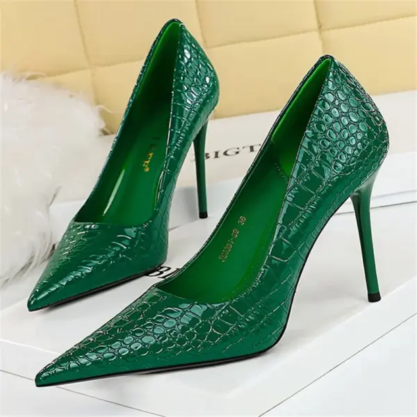 Women 10cm High Heels Stiletto Pumps Pointed Toe Green Nude Heels Office Lady Serpentine Patent Leather Wedding Party Prom Shoes - AliExpress - Image 5