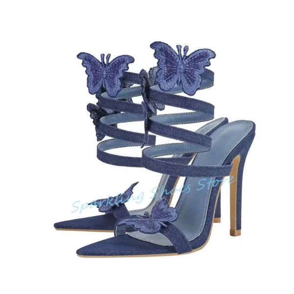 Blue Deinm Butterfly Strap Ankle wrap Women Sandals Fashion embroidery Pointed Toe High Heel Pumps Ladies Gladiator Shoes - AliExpress - Image 5