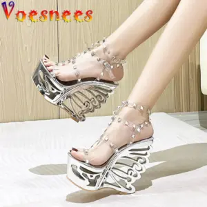 New 2022 Women's Rivet Transparent Sandals Hollow Out Wedge High Heel Shoe Silver Super High Nightclub Steel Tube Dancing Shoes - AliExpress 322