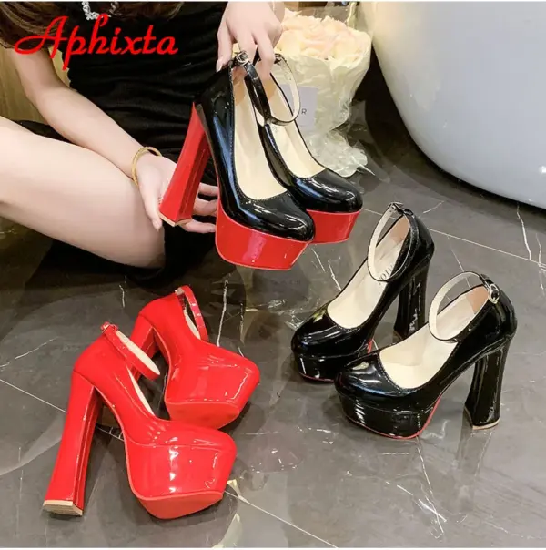 Aphixta 1cm Belt Buckle Red Party Disco Dance Pumps Women 5.5cm Platform 16cm Super High Chunky Heels Pumps Super Szie 48 49 50 - AliExpress 322 - Image 6