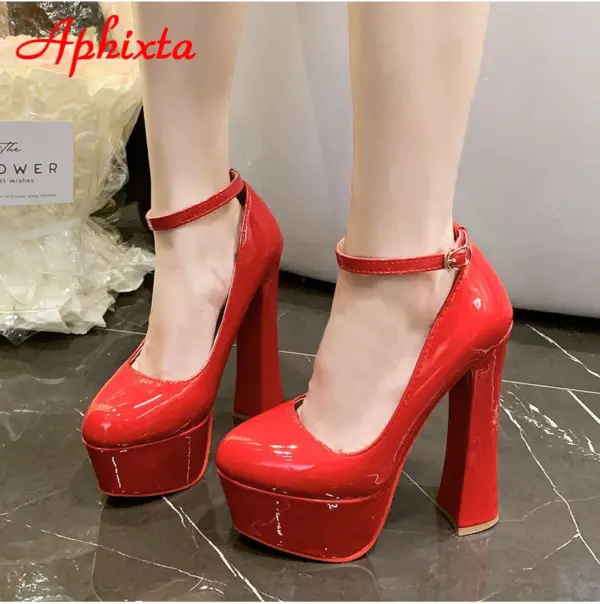 Aphixta 1cm Belt Buckle Red Party Disco Dance Pumps Women 5.5cm Platform 16cm Super High Chunky Heels Pumps Super Szie 48 49 50 - AliExpress 322 - Image 4