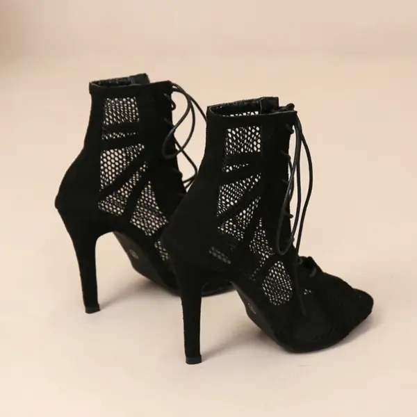 Sexy High Heels Hollow Mesh Sandals Women Summer Cross-tied Peep Toe Heeled Sandals Ankle Strap Dance Shoes Black Net Sandals - AliExpress - Image 5