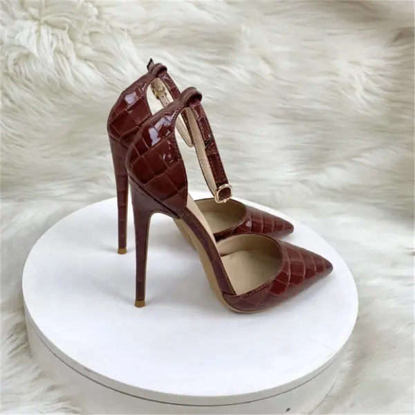 New Brown Patent Leather Women Ankle Strap Stiletto Pumps Pointed Toe Sexy 12cm High Heel Shoes 8cm 10cm QP250 - AliExpress 322 - Image 2