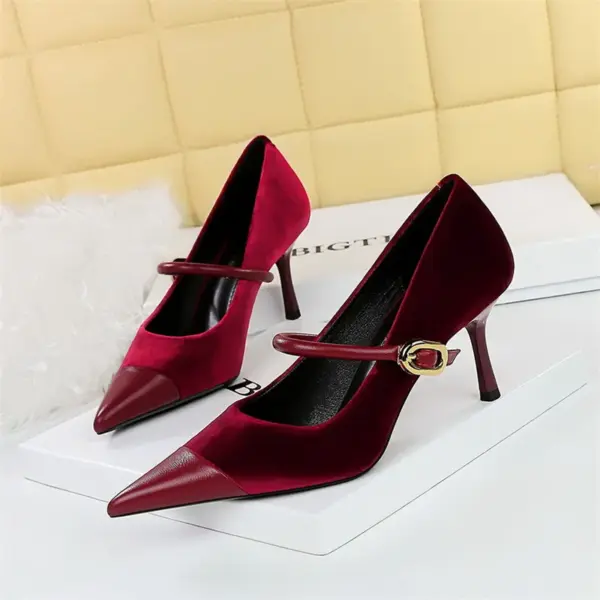 Fashion Version Party Thin High Heel Women Shoes   Velvet Shallow Mouth Pointed Toe Metal One-line Buckle Single Shoes - AliExpress 322 - Image 5