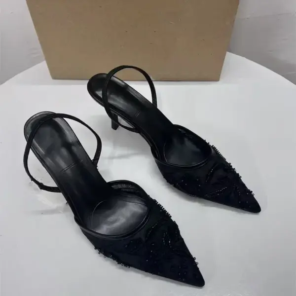 2025 New Black Woman Embroidered Mesh Open Heel Shoes Fashion Print Stiletto Women High-heel Pumps Sexy Pointed End Sandals - AliExpress - Image 2