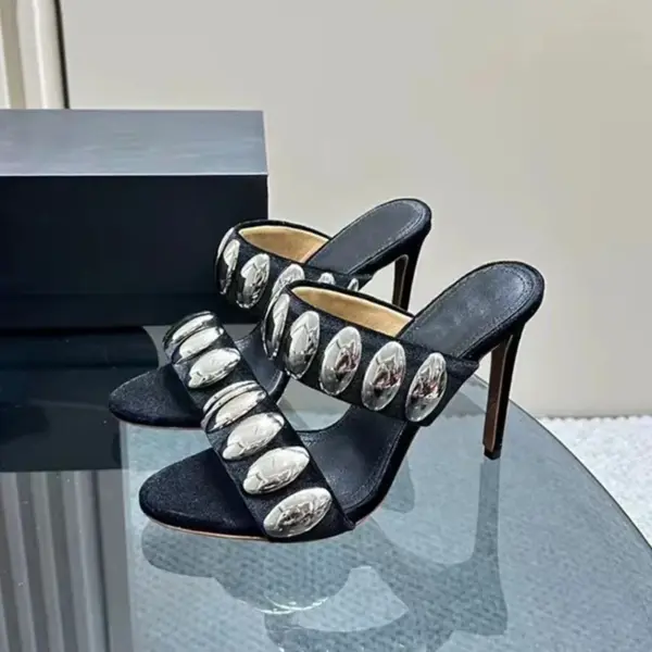 2025 Summer Brand Metal Decor Women Slippers Sandals Fashion Banquet Rivet Stiletto high Heels Suede Pumps Female Mules Slides - AliExpress 322 - Image 3