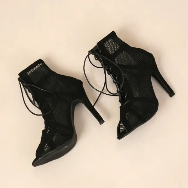 Sexy High Heels Hollow Mesh Sandals Women Summer Cross-tied Peep Toe Heeled Sandals Ankle Strap Dance Shoes Black Net Sandals - AliExpress - Image 6