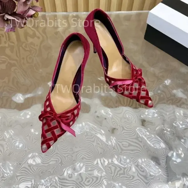 Sexy Translucent Velvet Ribbon Women's High Heels Elegant Sweet Banquet Dress Wedding Texture Niche Bow-knot Pointed Mesh Sandal - AliExpress 322 - Image 5
