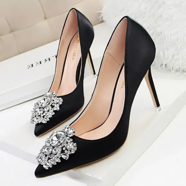 CINESSD Silver Gray Black Women Bridal Wedding Shoes Faux Silk Satin Rhinestone Crystal Shallow Woman Pumps Stiletto High Heel - AliExpress 322 - Image 4