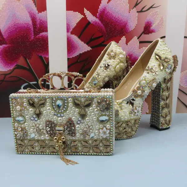 Fashion Champagne Gold Wedding Shoes and bag Set Woman 14cm High Pumps Thick Heel Party Shoes Matching Bag Round Toe Pumps - AliExpress 322 - Image 3