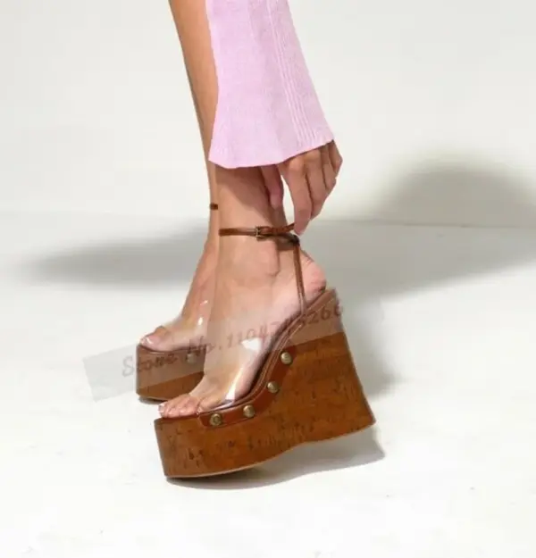 Brown Wooden Pattern Wedged Heel Sandals Clear PVC Cork Heels Platform Summer Dress Shoes Retro Style Metal Button Studded Pumps - AliExpress 322 - Image 2