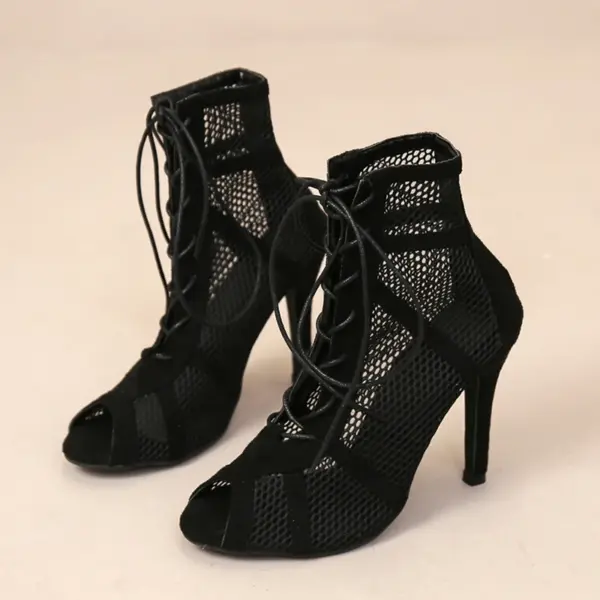 Sexy High Heels Hollow Mesh Sandals Women Summer Cross-tied Peep Toe Heeled Sandals Ankle Strap Dance Shoes Black Net Sandals - AliExpress - Image 4