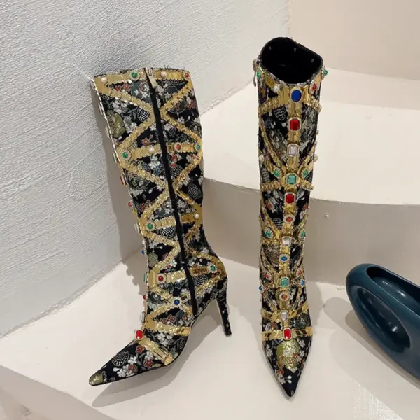Liyke Runway Fashion Color Gem Knee High Boots Women Handwork Embroider Sexy Pointed Toe Zip Party Stripper Heels Shoes Booties - AliExpress 322 - Image 3