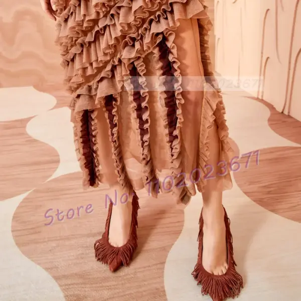 Brown Fringes Suede High Heels Pumps Women New Catwalk Pointy Retro Big Size Dress Shoes Ladies Party Casual Stylish Pumps - AliExpress 322 - Image 6