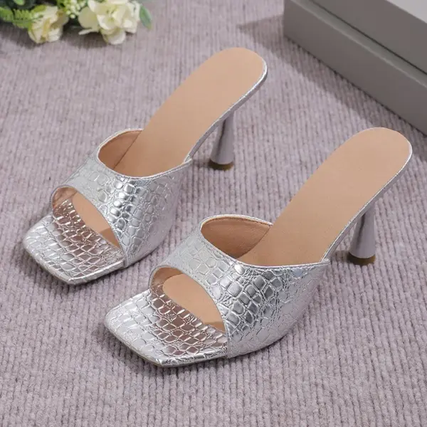 Luxury Gold Silver High Heels Sandals Women 2025 Slip On Square Toe Summer Slippers Woman Plus Size 43 Thin Heeled Party Shoes - AliExpress 322 - Image 2