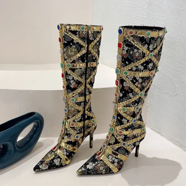 Liyke Runway Fashion Color Gem Knee High Boots Women Handwork Embroider Sexy Pointed Toe Zip Party Stripper Heels Shoes Booties - AliExpress 322 - Image 4