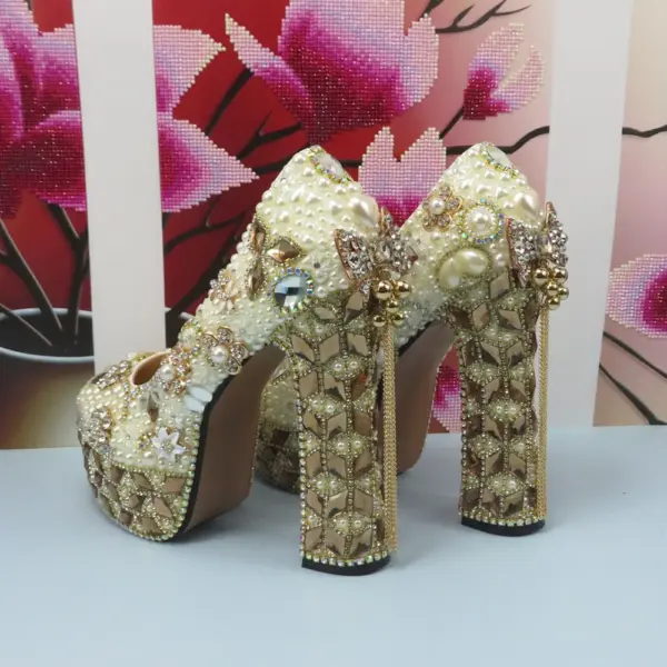 Fashion Champagne Gold Wedding Shoes and bag Set Woman 14cm High Pumps Thick Heel Party Shoes Matching Bag Round Toe Pumps - AliExpress 322 - Image 6