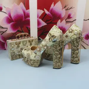 Fashion Champagne Gold Wedding Shoes and bag Set Woman 14cm High Pumps Thick Heel Party Shoes Matching Bag Round Toe Pumps - AliExpress 322