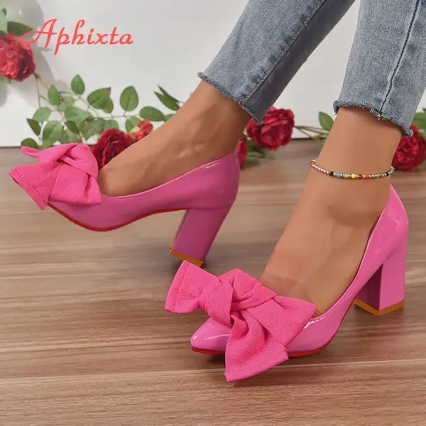 Aphixta New Big Butterfly-knot 7cm Chunky Heels Pumps Women Shoes Pointed Toe Baby Pink Flowers Pumps Super Plus Size 50 - AliExpress - Image 2