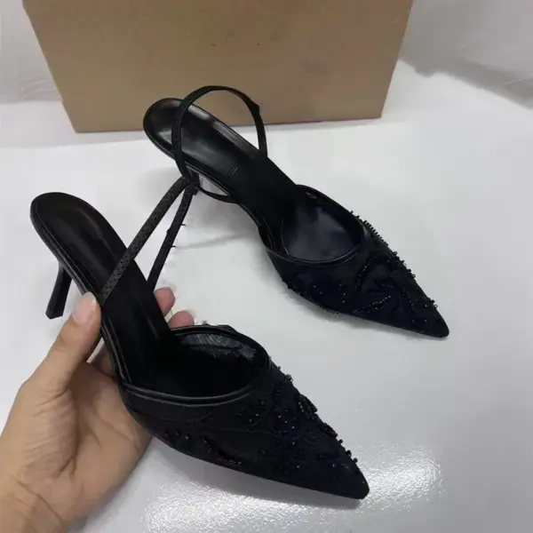 2025 New Black Woman Embroidered Mesh Open Heel Shoes Fashion Print Stiletto Women High-heel Pumps Sexy Pointed End Sandals - AliExpress - Image 4