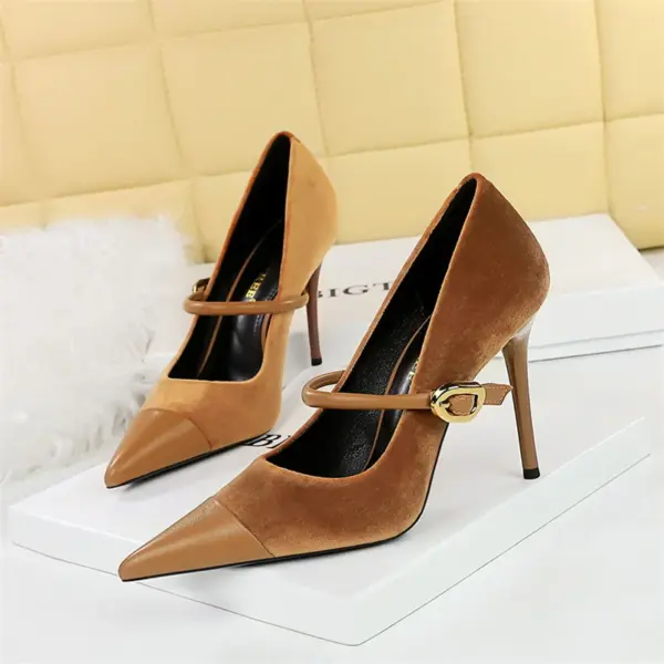 Fashion Version Party Thin High Heel Women Shoes   Velvet Shallow Mouth Pointed Toe Metal One-line Buckle Single Shoes - AliExpress 322