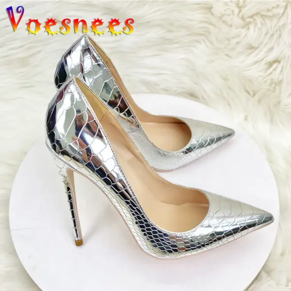 Shiny Silver Women Pumps 8CM 10CM 12CM Fashion Pointed Toe High Heels Elegant Ladies Wedding Bride Shoes Snake Print Stilettos - AliExpress 322 - Image 4