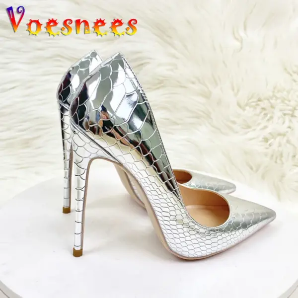 Shiny Silver Women Pumps 8CM 10CM 12CM Fashion Pointed Toe High Heels Elegant Ladies Wedding Bride Shoes Snake Print Stilettos - AliExpress 322 - Image 2