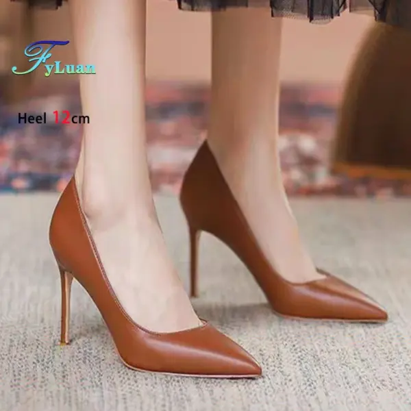 Women 8-12CM Thin High Heel Brown PU Leather Classics Dress Shoes 2025 Summer Party Banquet Elegant Pointed Pumps Plus Size 45 - AliExpress 322