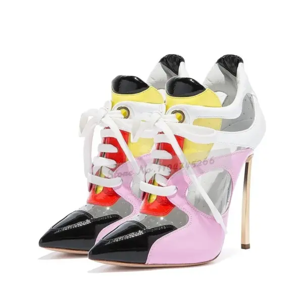 Multi-Color Patent Leather Pvc Stiletto Heel Lace-Up Shoes Golden Blade Heel Pink Black Patchwork Pumps Transparent Ankle Boots - AliExpress 322