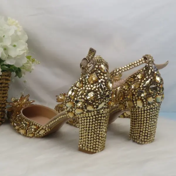 Customized Champagne Golden crystal women Wedding shoes Rhinestone high heels ankle strap shoes women party dress shoes - AliExpress 322 - Image 5