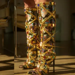 Liyke Runway Fashion Color Gem Knee High Boots Women Handwork Embroider Sexy Pointed Toe Zip Party Stripper Heels Shoes Booties - AliExpress 322