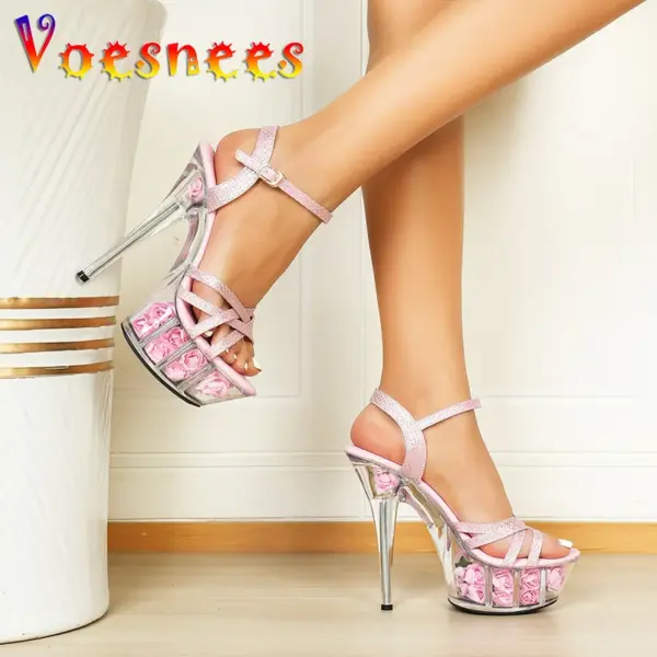Pink Sequin Women High-heels Pumps 15CM Transparent Platform Crystal Flowers Shoes Summer Thick-soled Thin Band Sandals Size 43 - AliExpress - Image 3