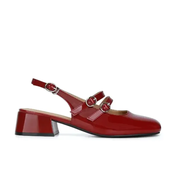 Classic Red Mary Jeans Woman Patent Leather Med-High Heels Sandals Two Buckle Belt Strap Shoes Femme Slingback Lolita Footwear - AliExpress 322 - Image 2