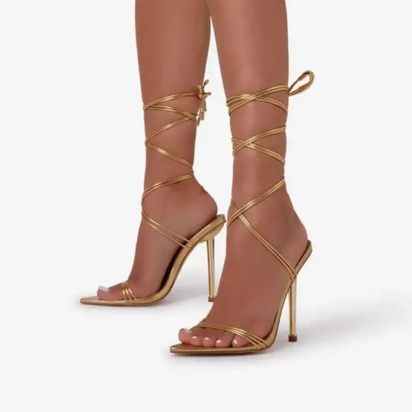 Summer 12CM Gladiator Heels Sandals for Women Fashion Pointed Open Toe Lace-Up Stiletto Ladies Strappy Wedding Shoes Black Red - AliExpress 322 - Image 2