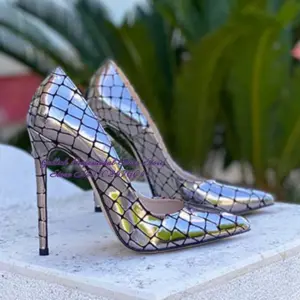 Women Gold Silver Checkered Snakeskin High Heel Shoes Metallic Shallow Cut Pointed Toe Pumps 12cm 10cm 8cm Sky High Stilettos - AliExpress 322