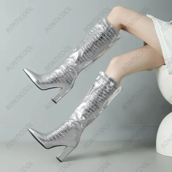 Ronticool Handmade Women Winter Knee Boots Stone Pattern Slip On Chunky Heels Pointed Toe Gold Silver Shoes Plus US Size 5-15 - AliExpress 322 - Image 6
