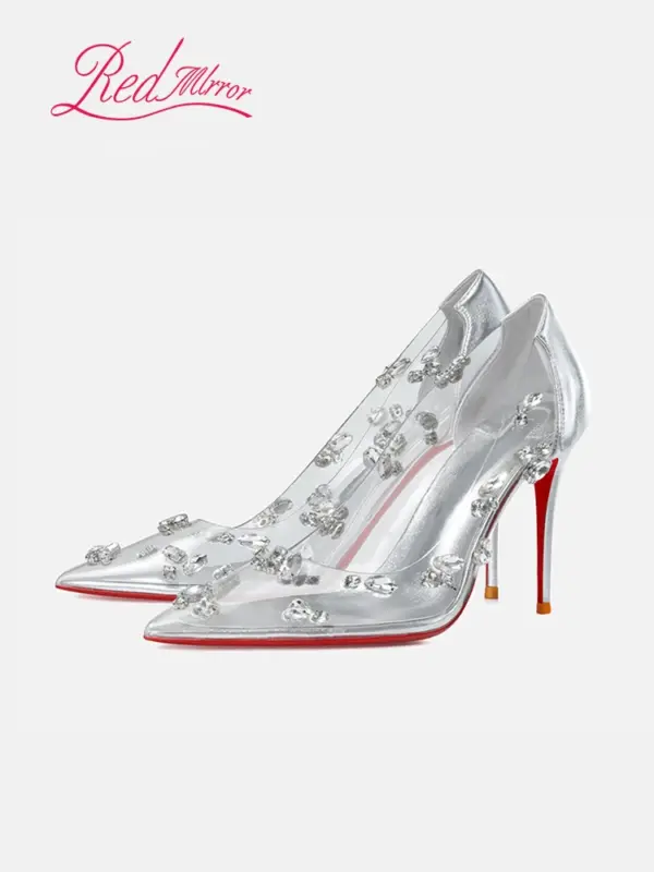Red sole transparent pointed head sexy female stiletto high heels wedding shoes silver rhinestone crystal fairy style new 2024 - AliExpress 322