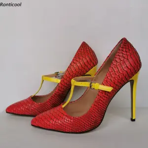 Ronticool Handmade Women T-Strap Pumps Fish Scale Sexy Stiletto Heel Pointed Toe Red Green White Party Shoes US Plus Size 5-15 - AliExpress 322