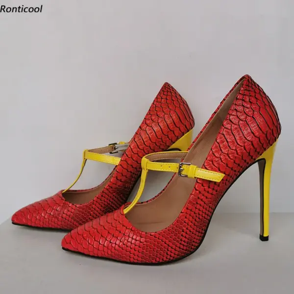 Ronticool Handmade Women T-Strap Pumps Fish Scale Sexy Stiletto Heel Pointed Toe Red Green White Party Shoes US Plus Size 5-15 - AliExpress 322