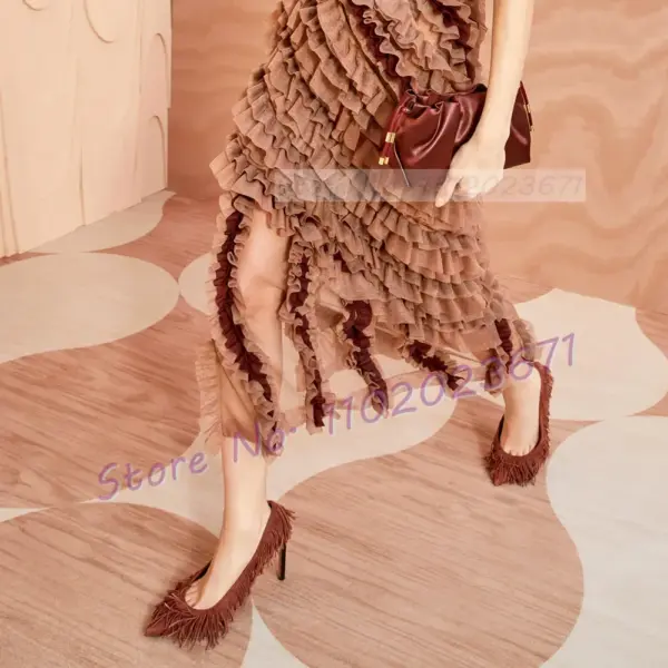 Brown Fringes Suede High Heels Pumps Women New Catwalk Pointy Retro Big Size Dress Shoes Ladies Party Casual Stylish Pumps - AliExpress 322 - Image 2