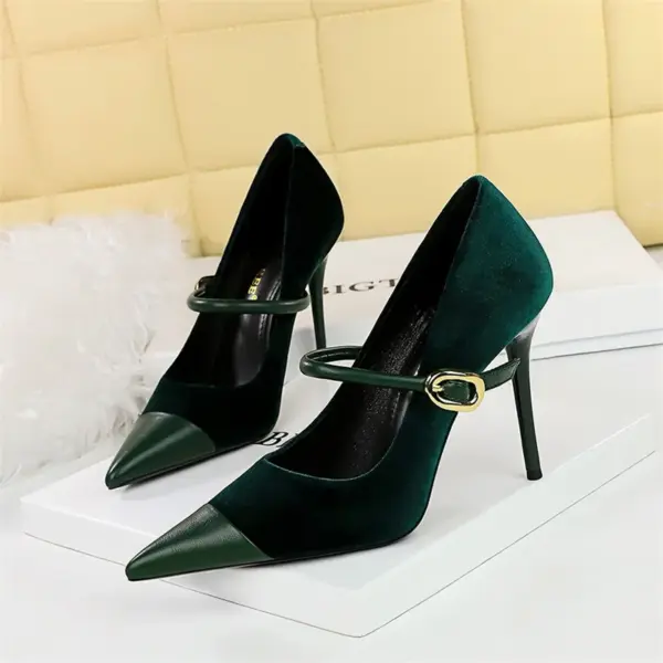 Fashion Version Party Thin High Heel Women Shoes   Velvet Shallow Mouth Pointed Toe Metal One-line Buckle Single Shoes - AliExpress 322 - Image 2