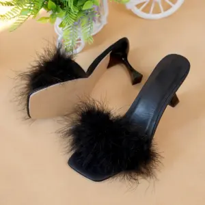 A pair of black women's casual high heels with soft chicken hair design and black high-heeled sandals - AliExpress