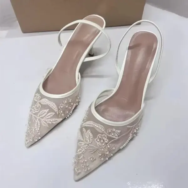 2025 New Black Woman Embroidered Mesh Open Heel Shoes Fashion Print Stiletto Women High-heel Pumps Sexy Pointed End Sandals - AliExpress - Image 5