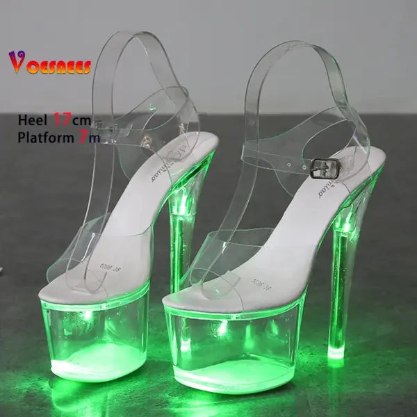 17CM Stripper Heels Women Glitter Shoes Clear Heel Light-emitting PVC Platform Sandals LED Light Buckle Strap Super High Heels - AliExpress 322 - Image 2