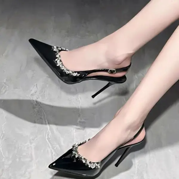 European And American Style Banquet Slim Pointed Toe Rhinestone High Heels Women Super High Heel Patent Leather Back Trip Strap - AliExpress 322 - Image 5