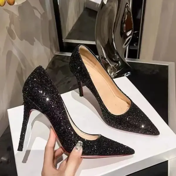 9cm Super High Heels Shoes 2025 Sequin Black Sexy Red Sole Pointed Thin Single stiletto heel shoes - AliExpress - Image 3