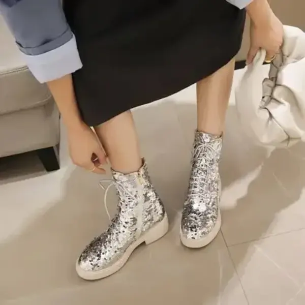 Discoloration Sequined Cloth Short Boots for Women Short Plush Autumn Winter Low Heel Round Toe Shoes Zipper Glitter Ankle Boots - AliExpress 322 - Image 4